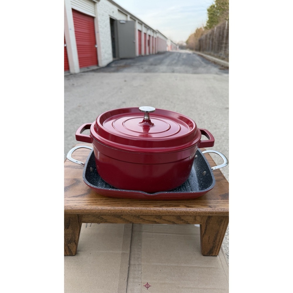 Red Dutch Oven Casserole Pot w Lid + Square Roaster Pan Cookware Set